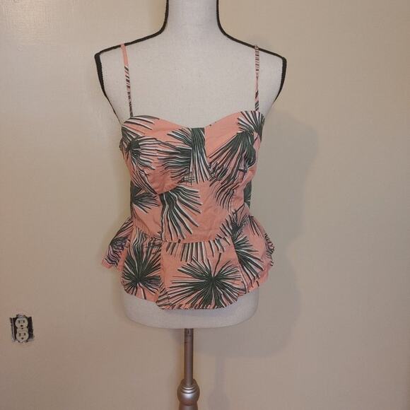 A New Day Size Medium Pink Green Palm Cropped Peplum Summer Beach Vacation Top - Picture 12 of 12
